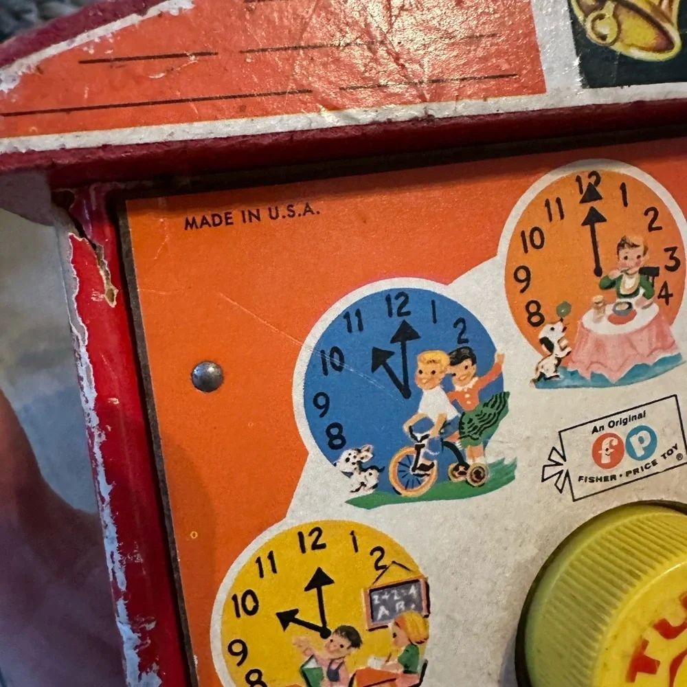Vintage 1960s Fisher-Price Children’s Toy Red Yellow Music Box Teaching Clock